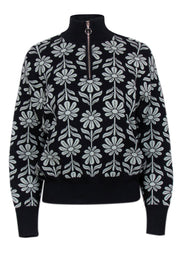 Current Boutique-Sandro - Black & Sage Floral Intarsia Knit Sweater Sz M