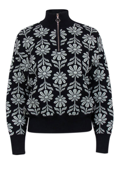 Current Boutique-Sandro - Black & Sage Floral Intarsia Knit Sweater Sz M