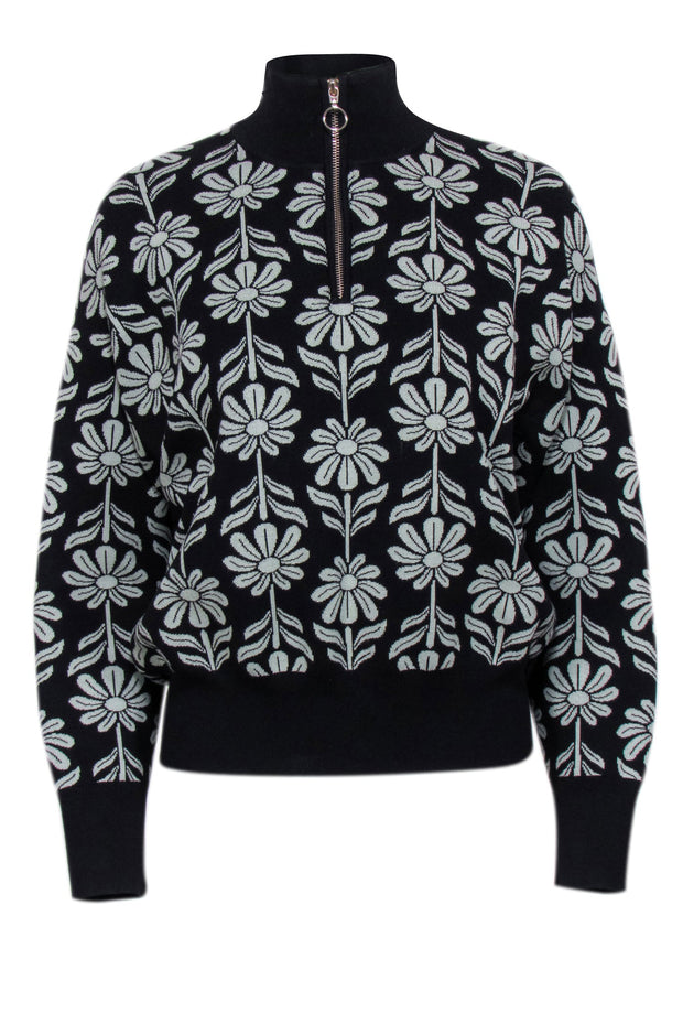 Current Boutique-Sandro - Black & Sage Floral Intarsia Knit Sweater Sz M