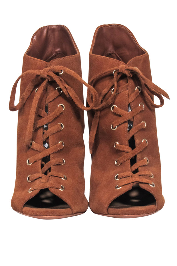 Current Boutique-Schutz - Tan Suede Lace Up Peep Toe Booties Sz 8