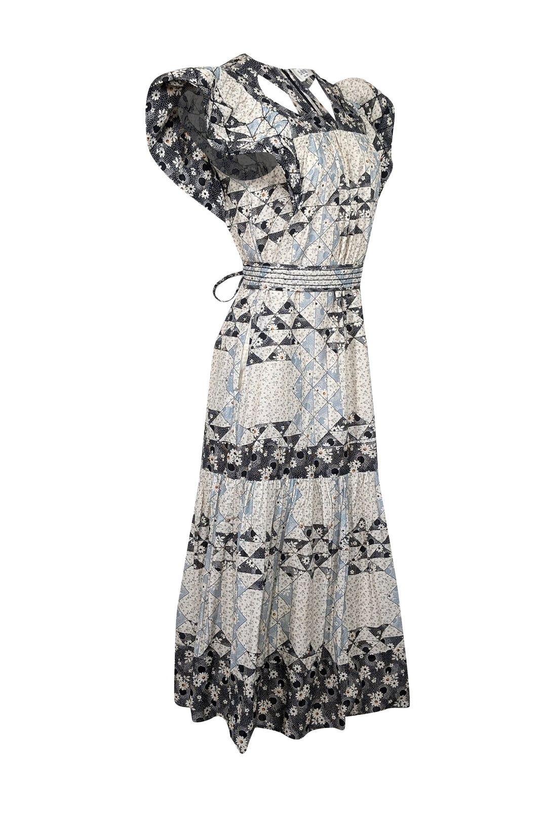 Sea NY - Ivory, Black, & Blue Floral Patchwork Midi Dress Sz XS