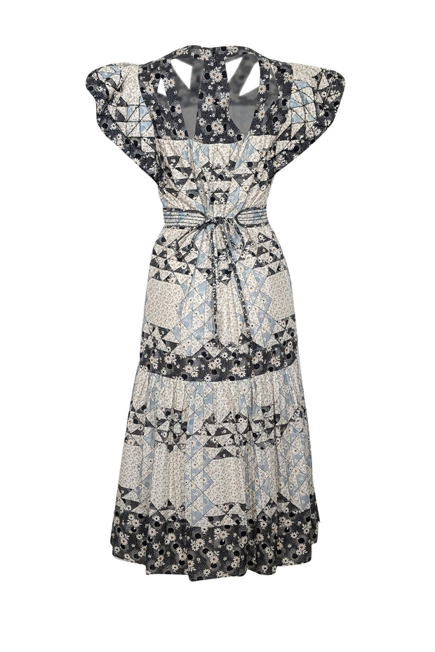Sea NY - Ivory, Black, & Blue Floral Patchwork Midi Dress Sz XS Sea NY - Ivory, Black, & Blue Floral Patchwork Midi Dress Sz XS