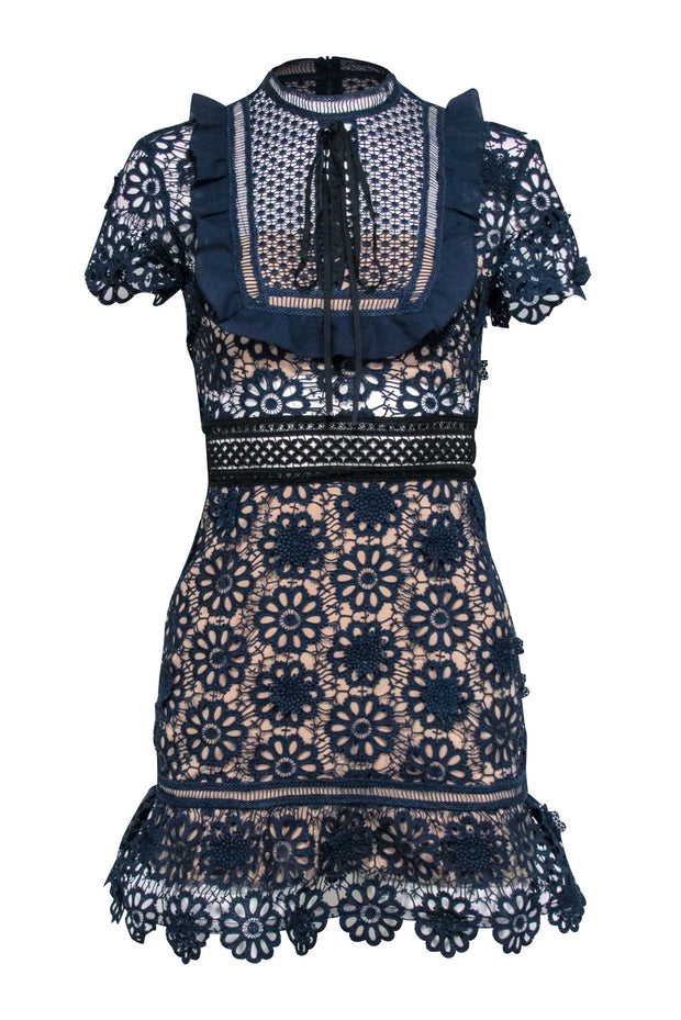 Self-Portrait - Navy Lace Eyelet Short Sleeve Dress Sz 2 Self-Portrait - Navy Lace Eyelet Short Sleeve Dress Sz 2