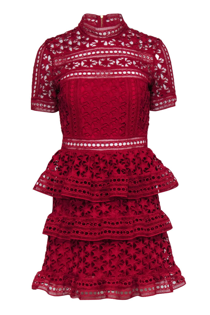 Self-Portrait - Red Guipure Lace Short Sleeve Ruffled Dress Sz 4