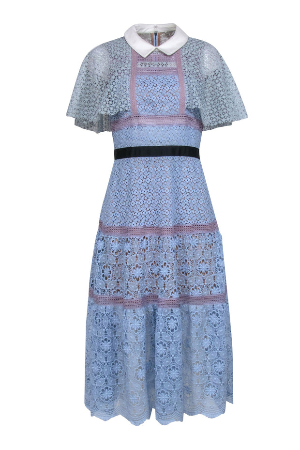 Self-Portrait - Blue, Lavender, & Cream Lace "Guipure Cape Midi Dress" Self-Portrait - Blue, Lavender, & Cream Lace "Guipure Cape Midi Dress"