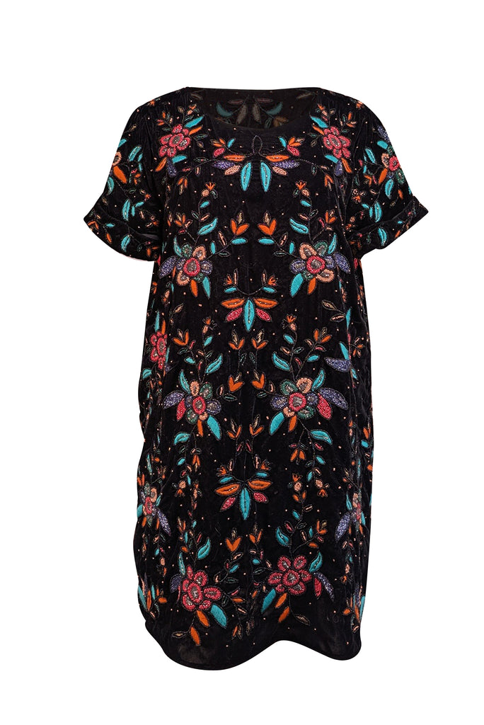 Sezane - Black Velvet w/ Pink, Orange, & Green Beaded Detail "Ema" Dre Sezane - Black Velvet w/ Pink, Orange, & Green Beaded Detail "Ema" Dre