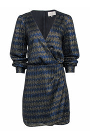 Current Boutique-Sezane - Navy & Gold Metallic Chevron Pattern Long Sleeve Dress Sz 12