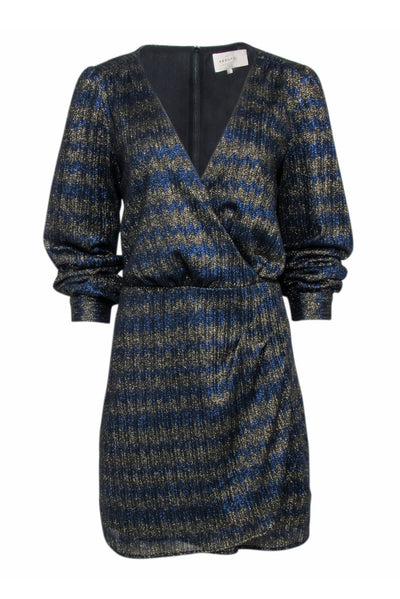 Current Boutique-Sezane - Navy & Gold Metallic Chevron Pattern Long Sleeve Dress Sz 12