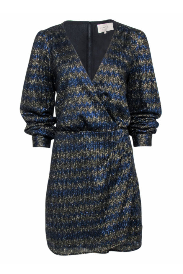 Current Boutique-Sezane - Navy & Gold Metallic Chevron Pattern Long Sleeve Dress Sz 12