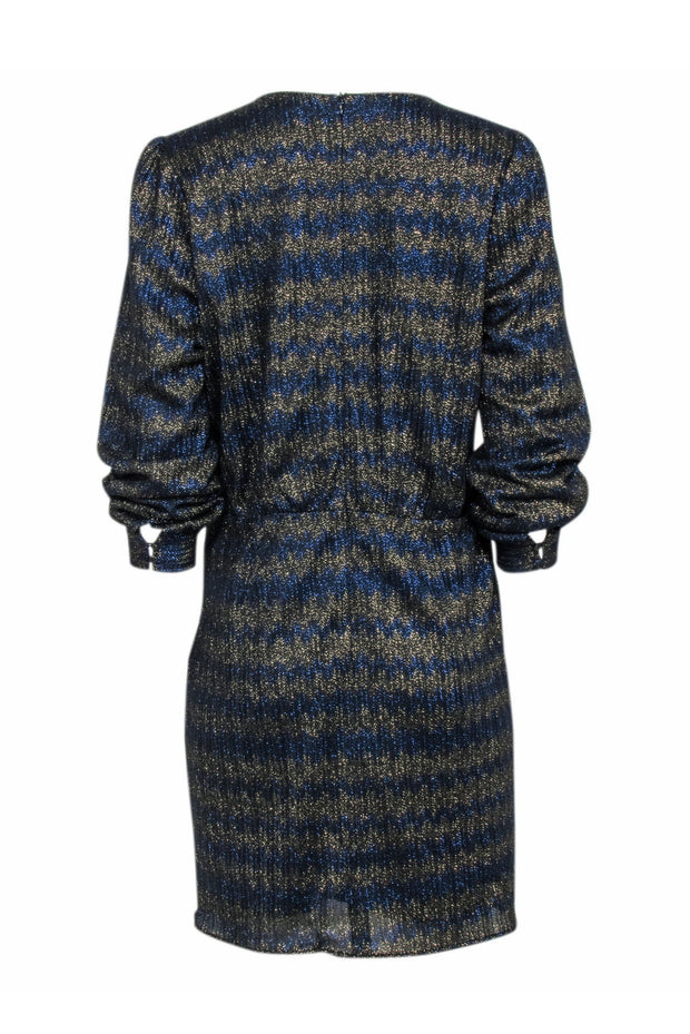 Current Boutique-Sezane - Navy & Gold Metallic Chevron Pattern Long Sleeve Dress Sz 12