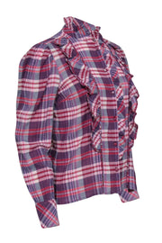 Current Boutique-Sezane - Purple, Red & Pink Plaid Ruffled Front Blouse Sz 4