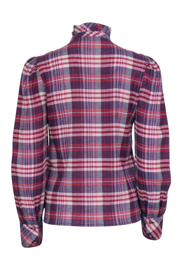 Current Boutique-Sezane - Purple, Red & Pink Plaid Ruffled Front Blouse Sz 4