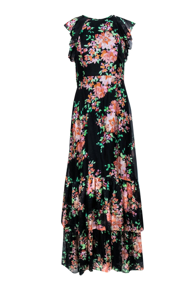 Shoshanna - Black & Multi Color Floral Ruffled Cap Sleeve Formal Dress Sz 2 Shoshanna - Black & Multi Color Floral Ruffled Cap Sleeve Formal Dress Sz 2