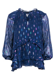 Current Boutique-Shoshanna - Navy Silk Ruffled Blouse w/ Metallic Pattern Sz M