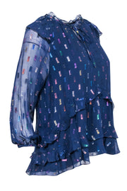 Current Boutique-Shoshanna - Navy Silk Ruffled Blouse w/ Metallic Pattern Sz M