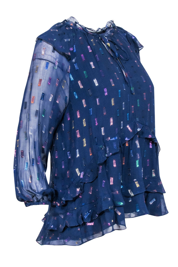 Current Boutique-Shoshanna - Navy Silk Ruffled Blouse w/ Metallic Pattern Sz M