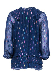 Current Boutique-Shoshanna - Navy Silk Ruffled Blouse w/ Metallic Pattern Sz M