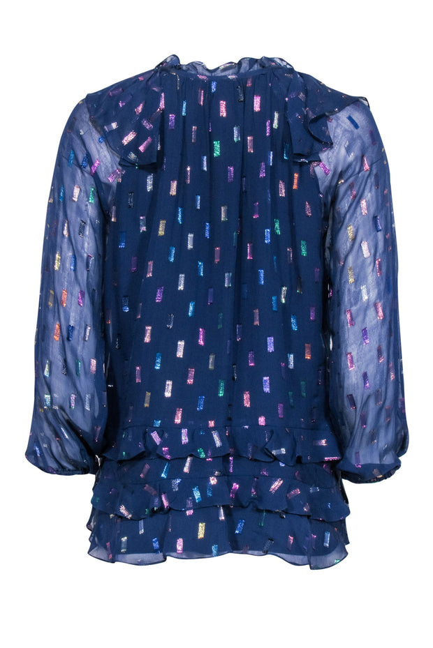 Current Boutique-Shoshanna - Navy Silk Ruffled Blouse w/ Metallic Pattern Sz M