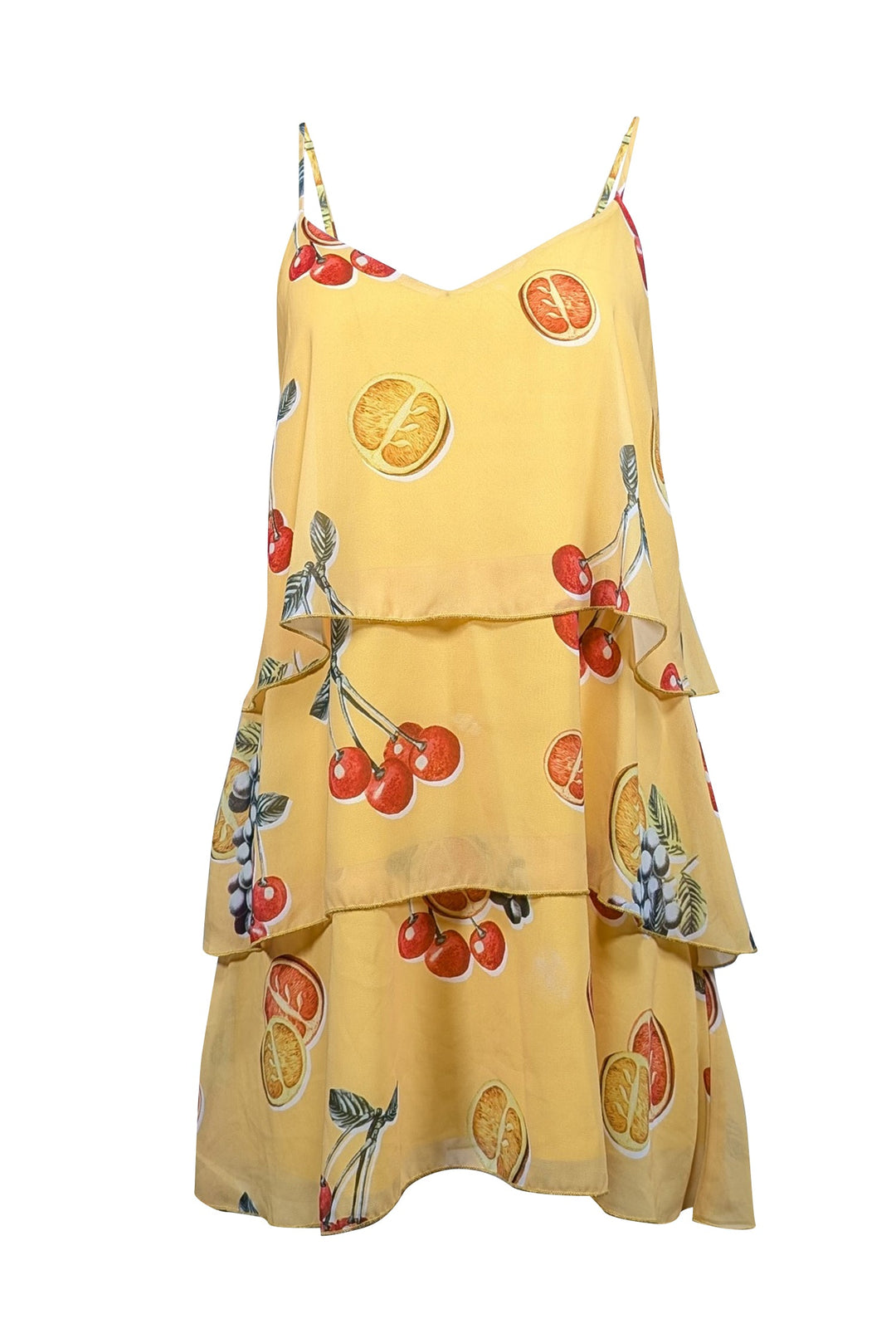Show Me Your Mumu - Yellow Fruit Print Tiered Mini Dress Sz L Show Me Your Mumu - Yellow Fruit Print Tiered Mini Dress Sz L