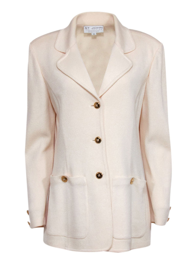 Current Boutique-St. John - Cream Knit Gold Button Front Blazer Sz 12