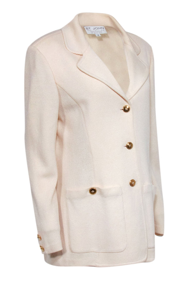 Current Boutique-St. John - Cream Knit Gold Button Front Blazer Sz 12