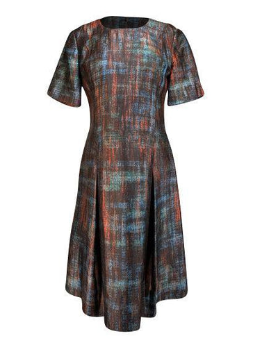 Current Boutique-St. John - Teal, Red, Blue, & Black Printed Silk & Wool Blend Dress Sz 8