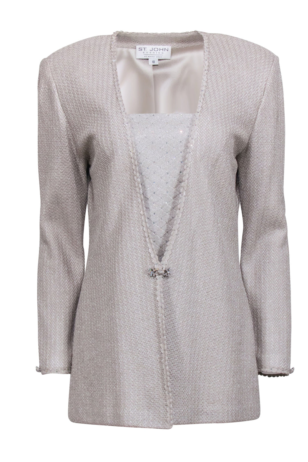 St. John - Champagne Gold Metallic Knit Jacket w/ Detachable Front Panel Sz 10 Tailored to perfection: A metallic tweed dress that defines  main image 4