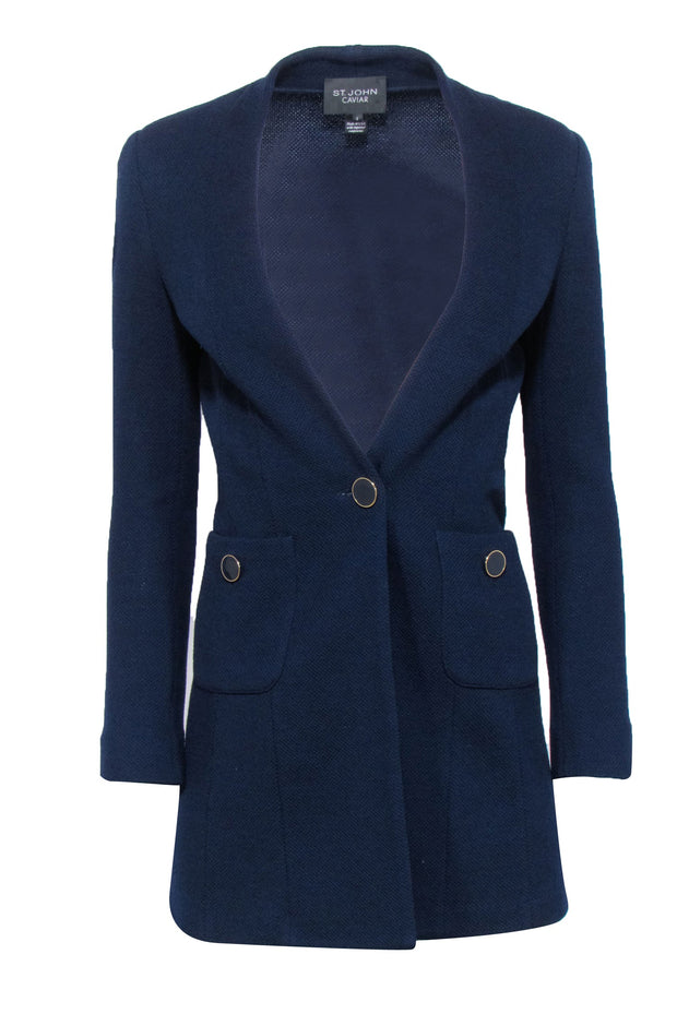 Current Boutique-St. John - Navy Knit Wool Blend Sing Button Jacket Sz 2