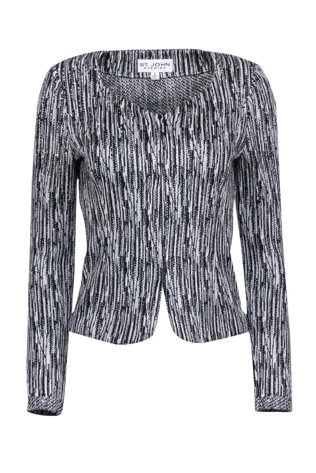 Current Boutique-St. John - White & Black Metallic Knit Jacket w/ Rhinestones Sz 2