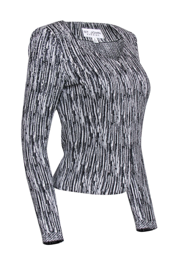 Current Boutique-St. John - White & Black Metallic Knit Jacket w/ Rhinestones Sz 2