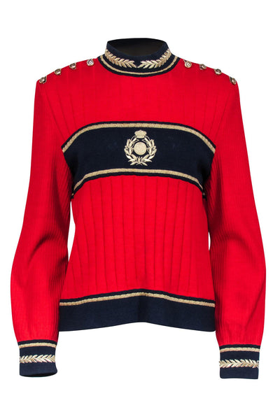 Current Boutique-St. John - Red Knit Sweater w/ Gold & Navy Detail Sz M