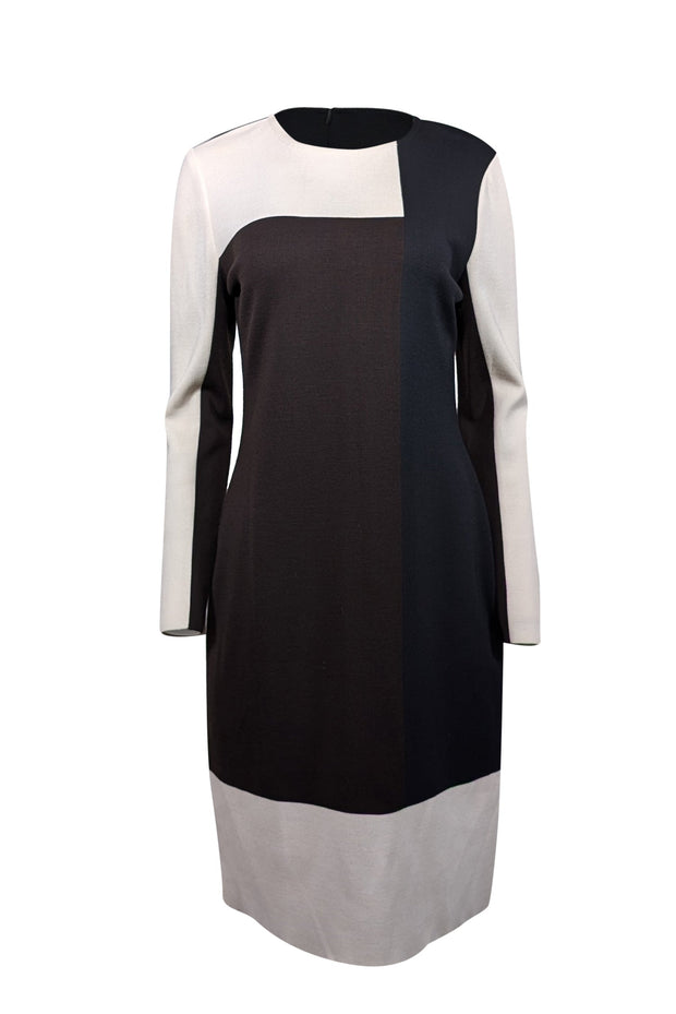 St. John - Black, Brown, & Cream Color Block Knit Long Sleeve Dress Sz St. John - Black, Brown, & Cream Color Block Knit Long Sleeve Dress Sz