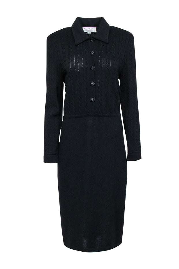 St. John - Black Cable Knit Long Sleeve Button-Up Dress Sz 8 St. John - Black Cable Knit Long Sleeve Button-Up Dress Sz 8
