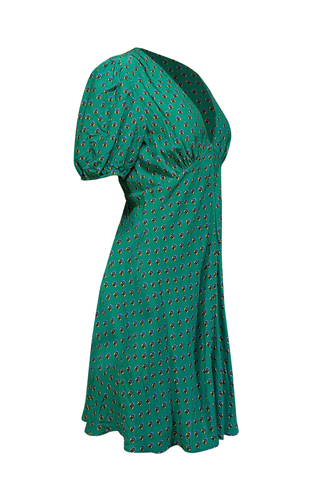 Staud - Green w/ Blue & Yellow Floral Print Puff Sleeve Dress Sz 12 Staud - Green w/ Blue & Yellow Floral Print Puff Sleeve Dress Sz 12