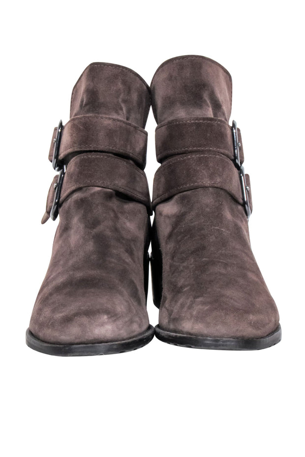 Current Boutique-Stuart Weitzman - Brown Suede Double Buckle Short Boots Sz 6