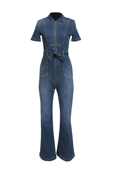 SukiSo - Medium Wash Belted Denim Jumpsuit Sz XS - Current Boutique