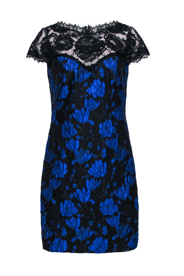 Tadashi Shoji - Blue & Black Floral Brocade Lace Detail Dress Sz 12 | Current Boutique Tadashi Shoji - Blue & Black Floral Brocade Lace Detail Dress Sz 12 | Current Boutique