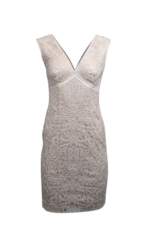 Tadashi Shoji - Cream w/ Ivory Lace Sleeveless Dress Sz 2 | Current Boutique Tadashi Shoji - Cream w/ Ivory Lace Sleeveless Dress Sz 2 | Current Boutique