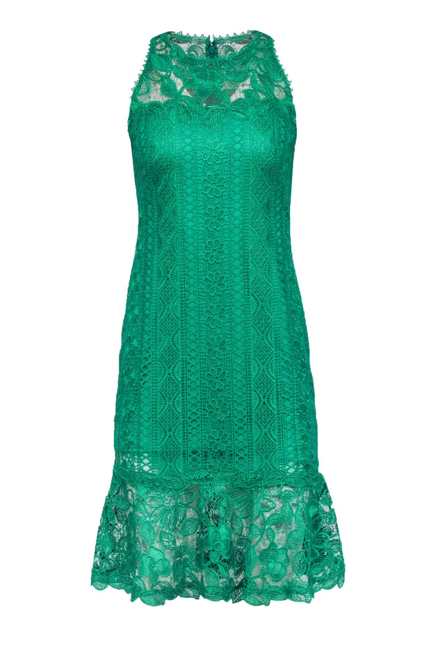 Tadashi Shoji - Green Floral Eyelet Lace Flounce Hem Dress Sz 6P Tadashi Shoji - Green Floral Eyelet Lace Flounce Hem Dress Sz 6P