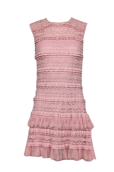 SHO by Tadashi Shoji - Pink Sleeveless Ruffle Layered Lace Mini Dress SHO by Tadashi Shoji - Pink Sleeveless Ruffle Layered Lace Mini Dress