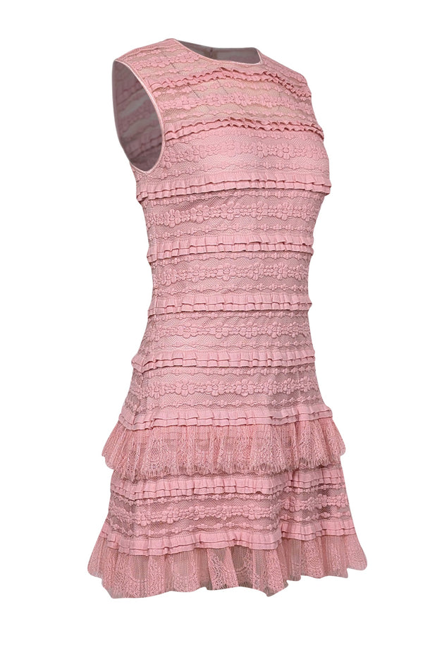 SHO by Tadashi Shoji - Pink Sleeveless Ruffle Layered Lace Mini Dress SHO by Tadashi Shoji - Pink Sleeveless Ruffle Layered Lace Mini Dress
