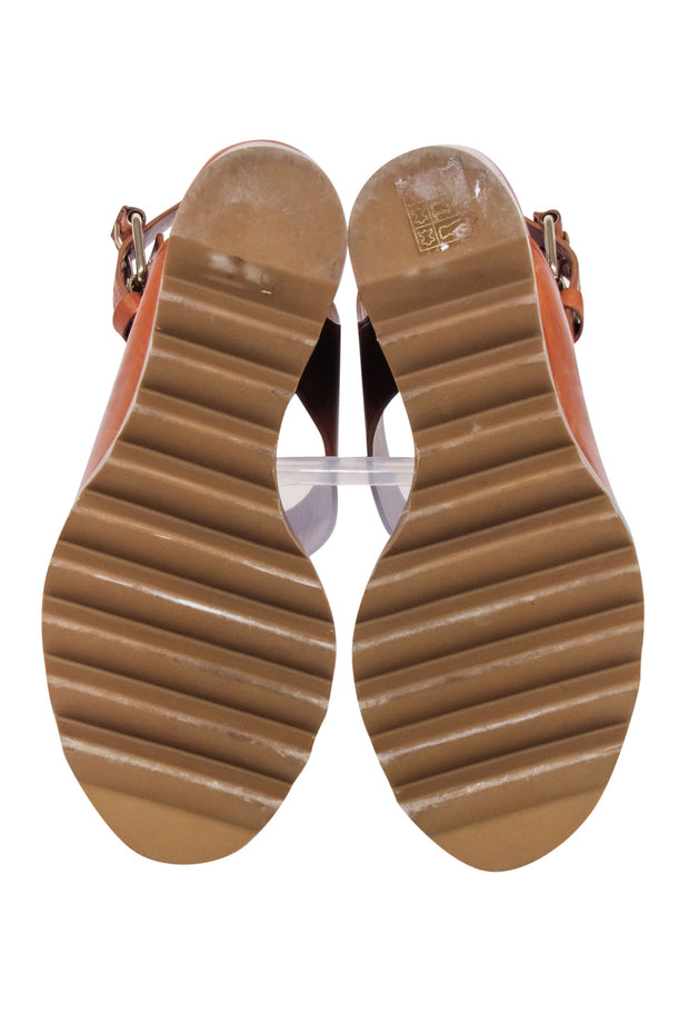 Tamara Mellon Tan Leather Open Toe Wedges Sz Current Boutique