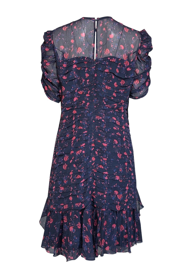 Tanya Taylor - Navy & Pink Floral Ruched Dress Sz 14 Tanya Taylor - Navy & Pink Floral Ruched Dress Sz 14