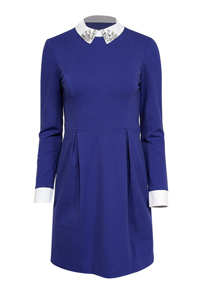 Ted Baker - Blue w/ Embellished White Collar Long Sleeve Mini Dress Sz Ted Baker - Blue w/ Embellished White Collar Long Sleeve Mini Dress Sz