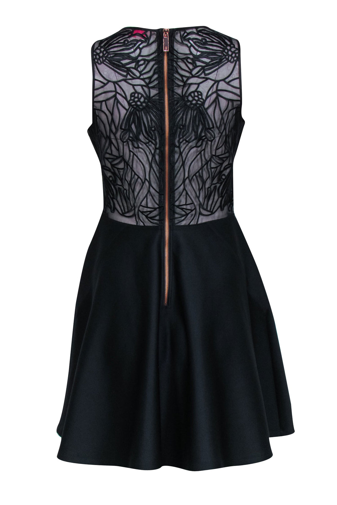Ted Baker - Black Sleeveless Fit & Flare Dress w/ Embroidered Mesh Det Ted Baker - Black Sleeveless Fit & Flare Dress w/ Embroidered Mesh Det