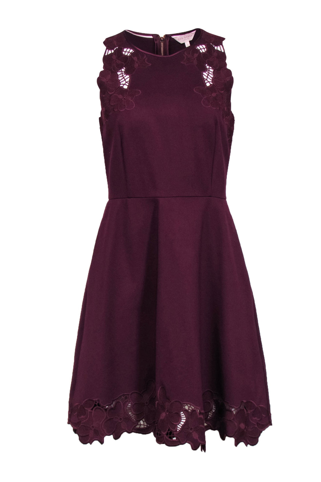 Ted Baker - Burgundy Sleeveless Cocktail Dress w/ Floral Embroidery De Ted Baker - Burgundy Sleeveless Cocktail Dress w/ Floral Embroidery De
