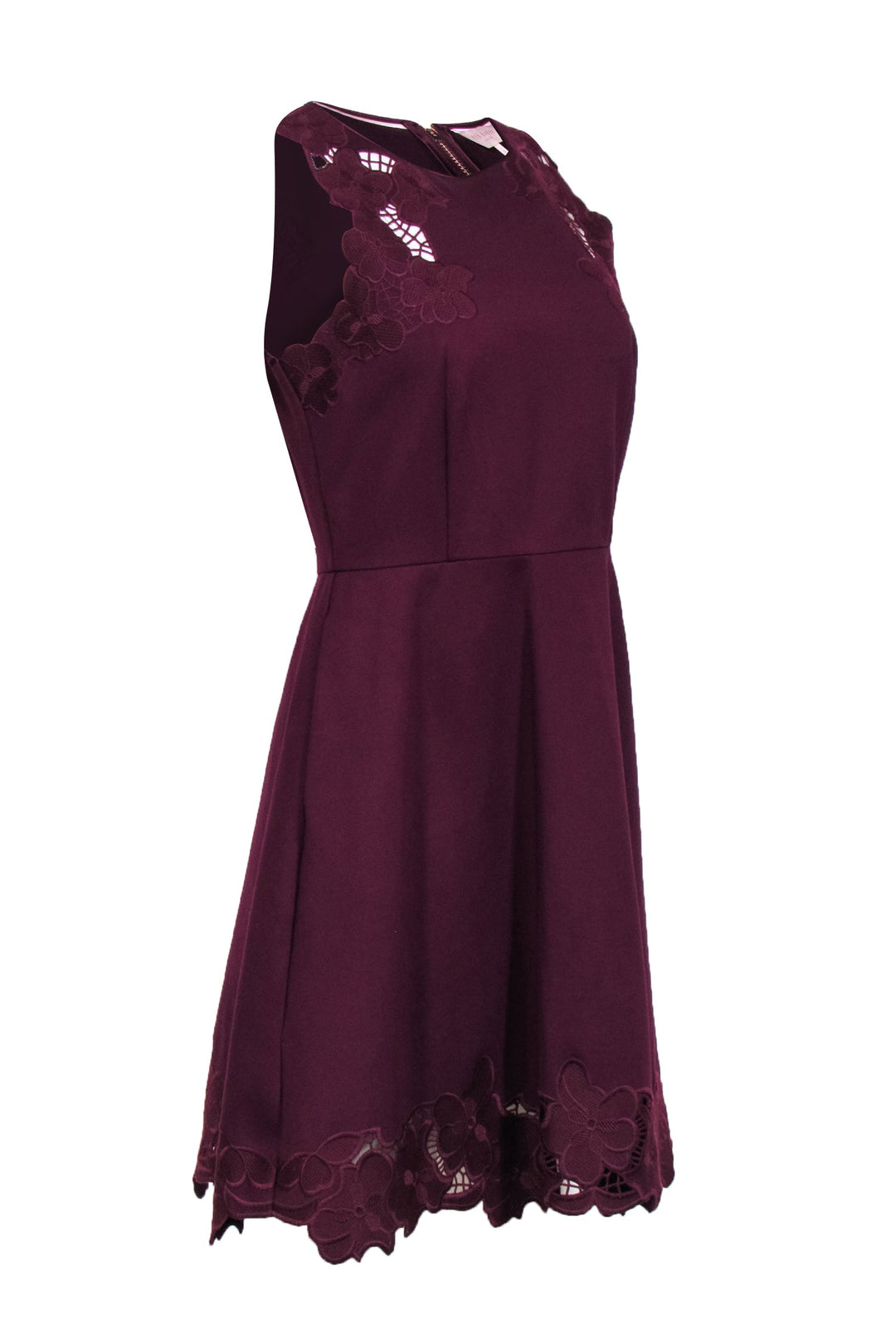 Ted Baker - Burgundy Sleeveless Cocktail Dress w/ Floral Embroidery De Ted Baker - Burgundy Sleeveless Cocktail Dress w/ Floral Embroidery De