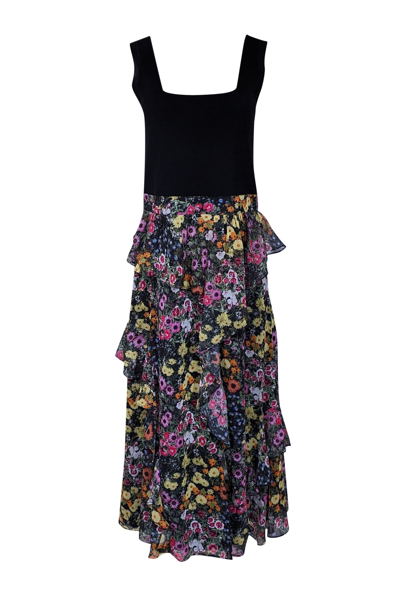 Ted Baker Black Multicolor Floral Ruffle Maxi Dress Sz