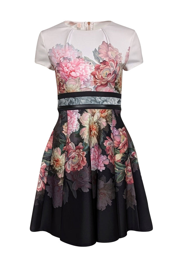 Ted Baker - White, Pink, & Black Floral Short Sleeve Dress Sz 2 Ted Baker - White, Pink, & Black Floral Short Sleeve Dress Sz 2