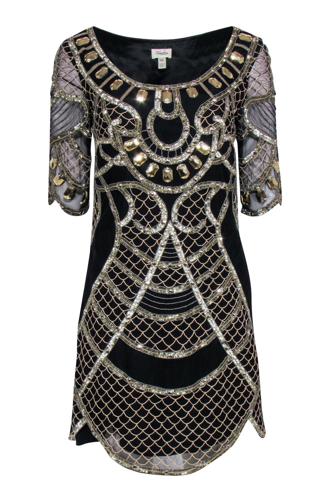 black gold beaded dress High Neck Long Sleeve Embellished Gown